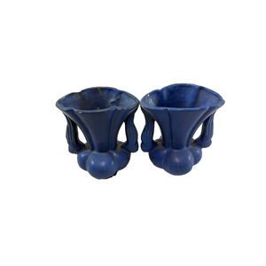 Set of 2 Vintage Niloak Pottery Vases – Blue Clay Art Deco Style – Made in USA
